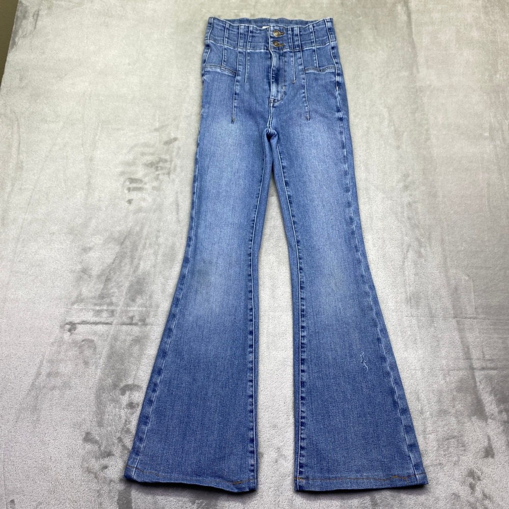 We The Free Free People High Rise Flare‎ Jeans Blue Denim Corset Waist Size 25